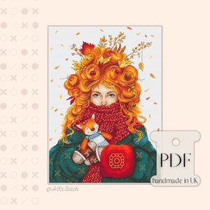 Autumn Lady Cross Stitch Kit PDF Chart, Cozy Cute Embroidery Pattern of Stunning Red Hair Girl Woman in Fall Portrait, Digital Download