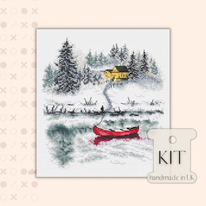 Winter Landscape Norway Cross Stitch KIT PDF Chart, Peaceful Silence Seascape Embroidery Pattern of Scandinavian Timber House,Lake, Red Boat
