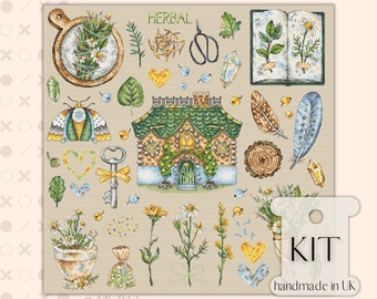 Herbal Sampler Kitchen Cross Stitch KIT PDF Chart, Cute Easy Primitive Embroidery Pattern for Keen Gardener, House Plants, Vintage Flower