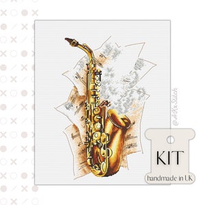 Saxophone Cross Stitch Kit / Cool Embroidery Pattern and Supplies, Watercolour Sketch Style Art of Musical Instrument Sax & Note Chart