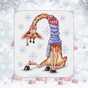 Kit de point de croix girafe motif PDF / jolie broderie de Noël de girafe en écharpe, grille de conception d'animaux festifs d'hiver couture Xstitch