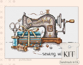 Sewing with Love Cross Stitch KIT PDF Chart, Cute Craft Room Inspired Embroidery of Vintage Singer Sewing Machine, Fat Quarters & Threads