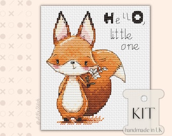Fox Hello Little One Cross Stitch KIT PDF Chart, Cute Baby Birth Announcement Card Size Embroidery Pattern, DMC Threads Aida, Modern Neutral