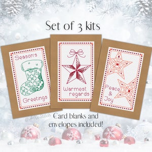 Christmas Card Cross Stitch Pattern Kit Set / Cute Xmas Blackwork Embroidery Chart 3 Designs, Multipack with Greeting Card Blank & Envelope