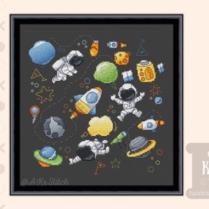 Astronaut Nursery Baby Boy Cross Stitch Kit / Cute Easy Space Rocket Ship Embroidery Pattern and Supplies