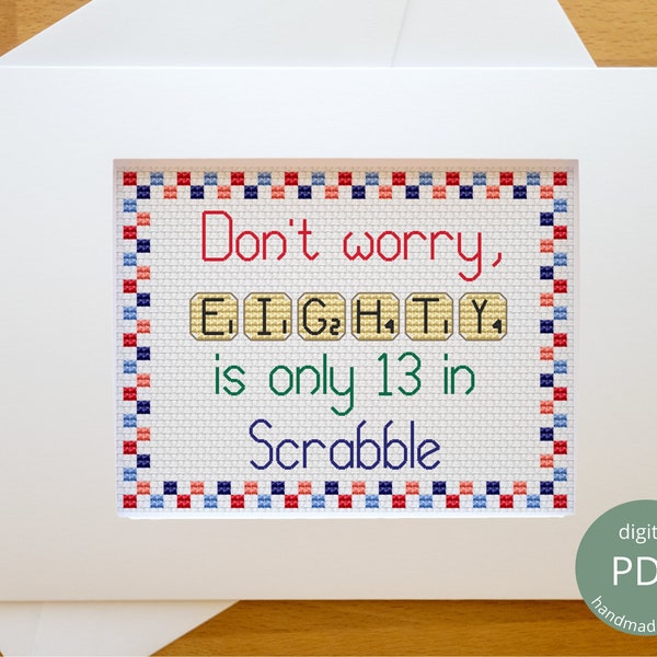 Scrabble Letters Cross Stitch Chart / 80th Birthday Anniversary Card PDF Embroidery Pattern Alphabet, Fun Modern Design, DIY Gift Friends