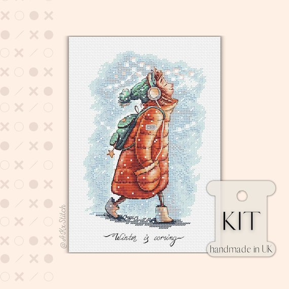 Winter Christmas Girl Cross Stitch KIT PDF Chart, Cute Girl in Cozy Winter Jacket and Headphones Embroidery, DMC Threads and Aida included