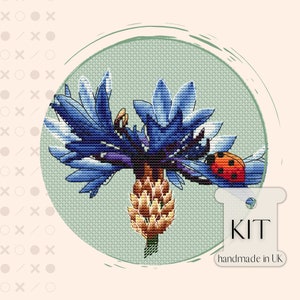 Borduurpakket korenbloem, hemelsblauwe wilde bloem met borduurpatroon en benodigdheden lieveheersbeestje, DIY-handgemaakt cadeau-idee voor natuurliefhebbers