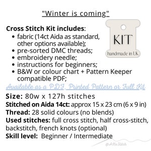 Peut inclure: Kit de point de croix sur le th&egrave;me de l'hiver. Le kit comprend du tissu, des fils DMC, une aiguille, des instructions, un tableau et un patron PDF. Le kit est disponible en PDF, en patron imprim&eacute; ou en kit complet. Le projet fini mesurera 80 points de large sur 127 points de haut, soit environ 15 x 23 cm. Le kit utilise 28 couleurs unies et comprend le point de croix complet, le point de croix demi-point, le point arri&egrave;re et les n&oelig;uds fran&ccedil;ais. Le kit est destin&eacute; aux d&eacute;butants et aux niveaux interm&eacute;diaires.