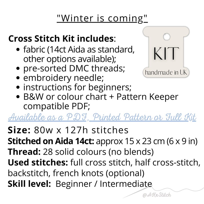 Peut inclure: Kit de point de croix sur le th&egrave;me de l'hiver. Le kit comprend du tissu, des fils DMC, une aiguille, des instructions, un tableau et un patron PDF. Le kit est disponible en PDF, en patron imprim&eacute; ou en kit complet. Le projet fini mesurera 80 points de large sur 127 points de haut, soit environ 15 x 23 cm. Le kit utilise 28 couleurs unies et comprend le point de croix complet, le point de croix demi-point, le point arri&egrave;re et les n&oelig;uds fran&ccedil;ais. Le kit est destin&eacute; aux d&eacute;butants et aux niveaux interm&eacute;diaires.