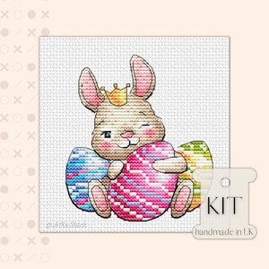 Paashaas prinses chocolade ei Cross Stitch Kit pdf-kaart, kleurrijk borduurpatroon lente kaartformaat, eenvoudige kaart schattig babykonijn