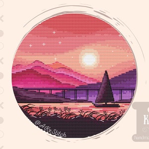 Sunset Boat Cross Stitch Kit / Embroidery Pattern with Supplies of Seascape, Moon, Sailing Ship Boat, Easy Follow Chart Small Beginner Kit