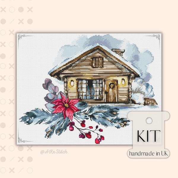 Winter Cabin Cross Stitch KIT PDF Chart, Cute Festive Embroidery Pattern of Old Wooden Cottage with Christmas Poinsettia flower, Large