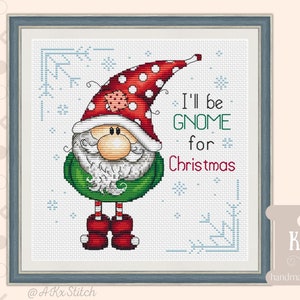 Kit de point de croix Noël gnome | Motif de broderie amusant pour les fêtes de Noël et fournitures DMC, cadeau pour un ami de la famille, idée d'artisanat d'hiver