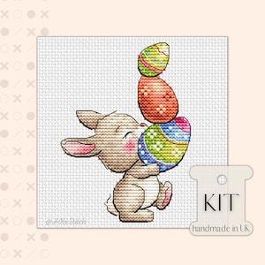 Lapin de Pâques avec des oeufs en chocolat KIT de point de croix, tableau PDF, motif de broderie printanier coloré de la taille d'une carte, tableau facile de mignon bébé lapin