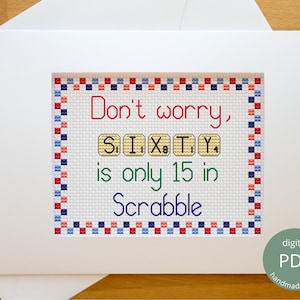 Scrabble Letters Cross Stitch Chart / 60th Birthday Anniversary Card PDF Embroidery Pattern Alphabet, Fun Modern Design, DIY Gift Friends