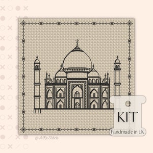 Kit de point de croix « Taj Mahal » du tour du monde, grille PDF, motif de broderie au noir du célèbre monument indien, couture avancée pour adultes