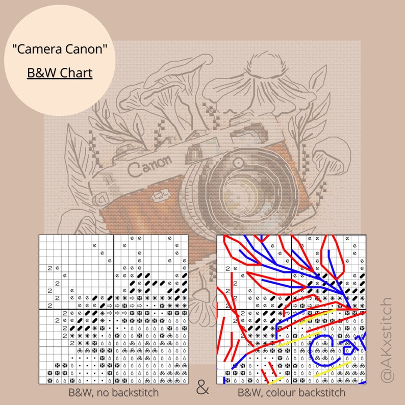 May include: Black and white cross stitch pattern of a camera with the word "Canon" on it. The camera is surrounded by flowers and mushrooms. The pattern includes a color backstitch option.