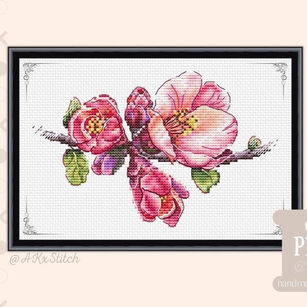 Apple Blossom Cross Stitch Pattern PDF / Spring Pink Colourful Handmade Embroidery Chart Flowering Quince Chaenomeles, DIY Xstitch Gift Idea