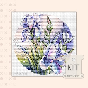 Irissen bloem kruissteek KIT PDF-kaart, paarse lente bloemen borduurpatroon, gemakkelijk te volgen tabel met prachtig resultaat, DMC-draadhulpmiddel