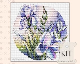 Irises Flower Cross Stitch KIT PDF Chart, Purple Spring Floral Embroidery Pattern, Easy to Follow Chart with Stunning Result, DMC Thread Aid