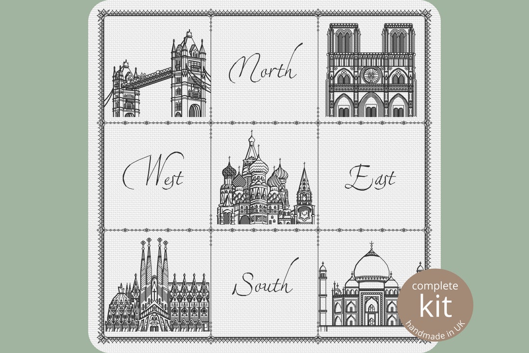 Around the World Cross Stitch Kit, Blackwork Embroidery Pattern of