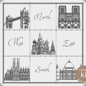 Around the World Cross Stitch Kit, Blackwork Embroidery Pattern of Famous Landmarks - London Paris Barcelona Taj Mahal St. Petersburg