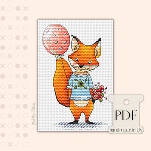 Zorro con Globo Mejores Deseos Punto de Cruz PDF Gráfico de Descarga Digital Instantánea, Lindo Bebé Anuncio de Nacimiento Tamaño de la Tarjeta Patrón de Bordado