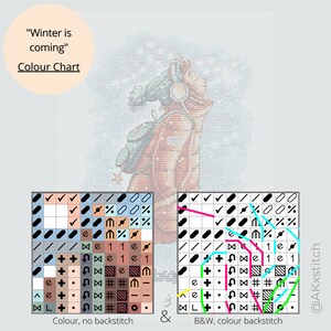 Peut inclure: Un diagramme de point de croix pour un motif sur le th&egrave;me de l'hiver. Le diagramme montre une personne portant un chapeau vert et des &eacute;couteurs, avec un sac &agrave; dos, regardant le ciel. Le texte "Winter is coming" est en haut du diagramme. Le diagramme comprend des versions couleur et noir et blanc.