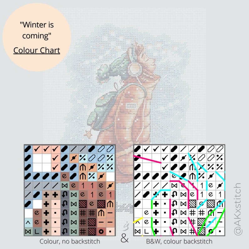 Peut inclure: Un diagramme de point de croix pour un motif sur le th&egrave;me de l'hiver. Le diagramme montre une personne portant un chapeau vert et des &eacute;couteurs, avec un sac &agrave; dos, regardant le ciel. Le texte "Winter is coming" est en haut du diagramme. Le diagramme comprend des versions couleur et noir et blanc.