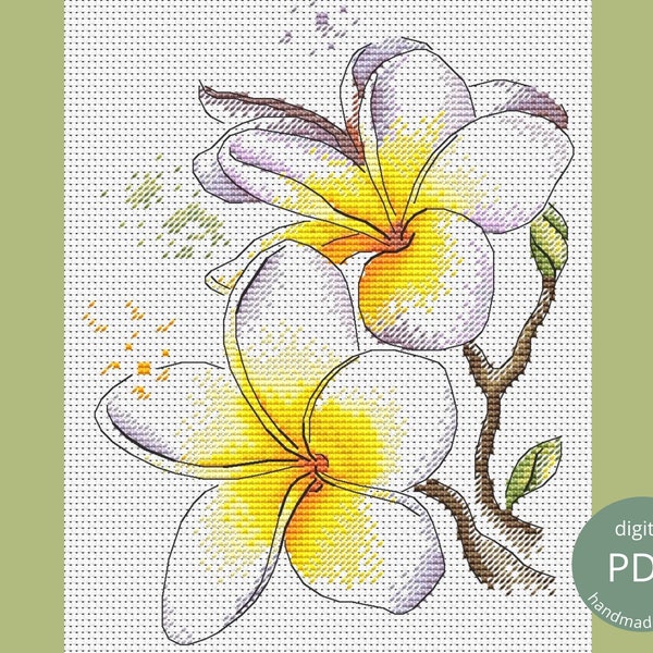 Plumeria Flower Cross Stitch Chart PDF / Minimalist Line Art Style Embroidery Pattern Frangipani, Line Drawing Sketch Easy Needlework Design