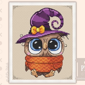 Halloween babyuil kruissteekpatroon pdf, leuke borduurkaart herfst, gemakkelijk te volgen ontwerp van babyvogelkuiken in paarse heksenhoed