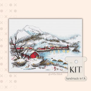 Carte PDF du KIT de point de croix d'Islande d'hiver, motif de broderie de paysage silencieux paisible du village mignon sur le lac, montagnes, maisons rouges