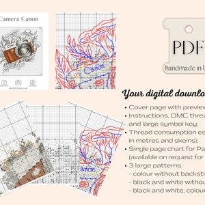 May include: A digital cross stitch pattern for a camera with flowers and the text "Camera Canon". The pattern includes a cover page with a preview, instructions, DMC thread numbers, a symbol key, thread consumption estimates, a single page chart for Pattern Keeper, and three large patterns: color without backstitch, black and white without backstitch, and black and white with color backstitch.
