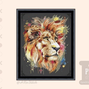 Aquarell Löwe Kreuzstich Diagramm PDF / Hell Fett Bunte Handgemachte Diagramm, Gemälde Wand Kunst Stil, Geschenk für Leo Papa Schwiegervater Onkel