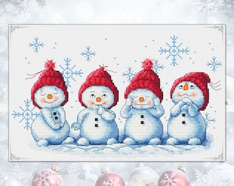 Little Snowmen Cross Stitch Kit PDF / Cute Christmas Embroidery Pattern Snowman in Red Hats, Winter Festive Design Chart Needlework Xstitch