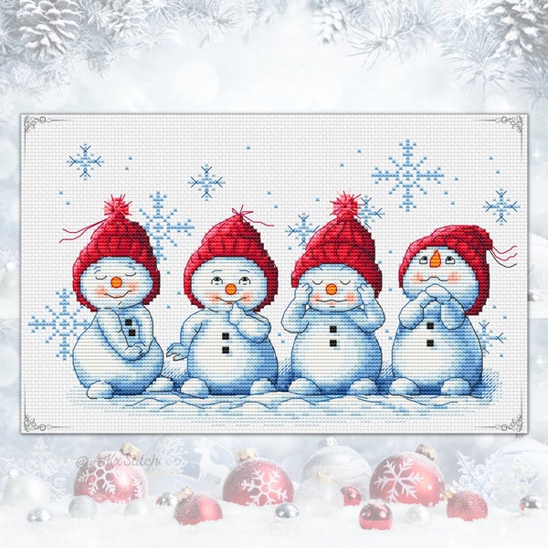 Kit de point de croix petits bonhommes de neige PDF / joli motif de broderie de Noël bonhomme de neige en chapeaux rouges, graphique de conception festive d'hiver couture Xstitch