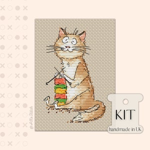 編み物マッドクラフティキャットクロスステッチキットPDFチャート、ウール糸で編む愛らしい子猫の面白いかわいい刺繍パターンスカーフ