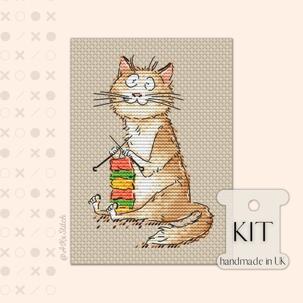 Knitting Mad Crafty Cat Cross Stitch KIT PDF Chart, Funny Cute Embroidery Pattern of Adorable Kitten Crocheting Scarf with Wool Yarn