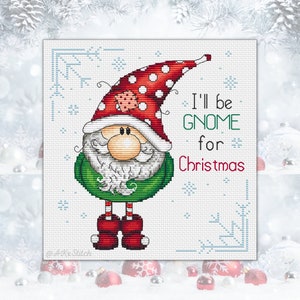 Kit de point de croix Noël gnome PDF | Motif de broderie amusant pour les fêtes de Noël et fournitures DMC, cadeau pour maman et papa avec les mots « Je serai à la maison »