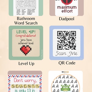 May include: A set of 10 cross-stitch patterns featuring various designs, including a bathroom word search, a Deadpool character, a level up design, a QR code, a Scrabble word, and a frog. The patterns are all in a square format and are surrounded by a border.
