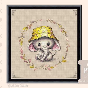 Elephant Baby Announcement Cross Stitch Pattern PDF / Embroidery Chart Little Boy Girl Nursery Decor, Elephant Cub Floral Frame, Easy Quick