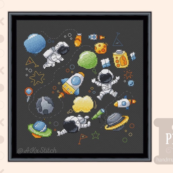 Space Birth Announcement Cross Stitch PDF Digital Chart, Cute Boy Astronaut Embroidery Pattern of Travel Adventures Cute Easy Space Rocket