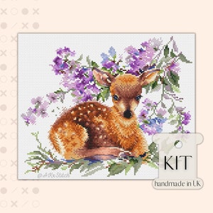 Baby herten roze bloemen Cross Stitch KIT PDF-grafiek, lente bloemen borduurpatroon met schattige Fawn, gemakkelijk te volgen grafiek, DMC Threads & Aida