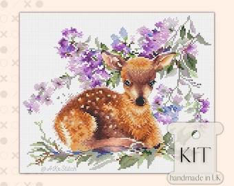 Baby Deer Pink Flowers Cross Stitch KIT PDF Chart, Spring Floral Embroidery Pattern with Cute Fawn, Easy to Follow Chart, DMC Threads & Aida