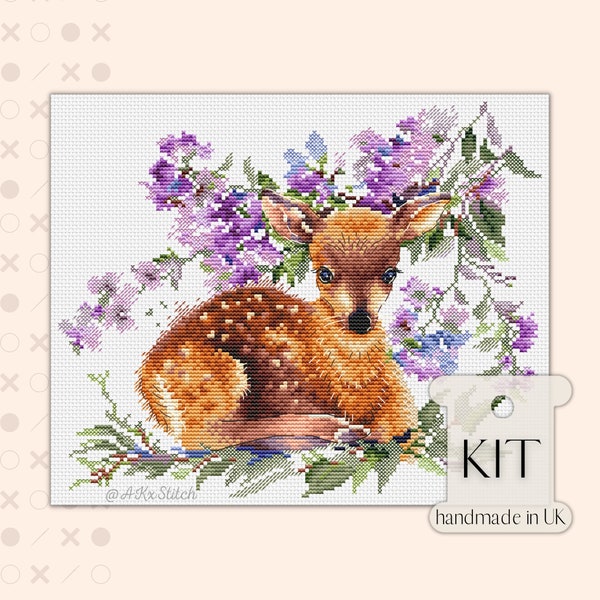 Baby Deer Pink Flowers Cross Stitch KIT PDF Chart, Spring Floral Embroidery Pattern with Cute Fawn, Easy to Follow Chart, DMC Threads & Aida