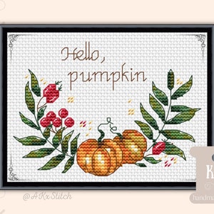 Op de afbeelding: Borduurpakket met een witte achtergrond en de tekst "Hello, pumpkin" en een ontwerp van twee oranje pompoenen, groene bladeren en rode bessen.