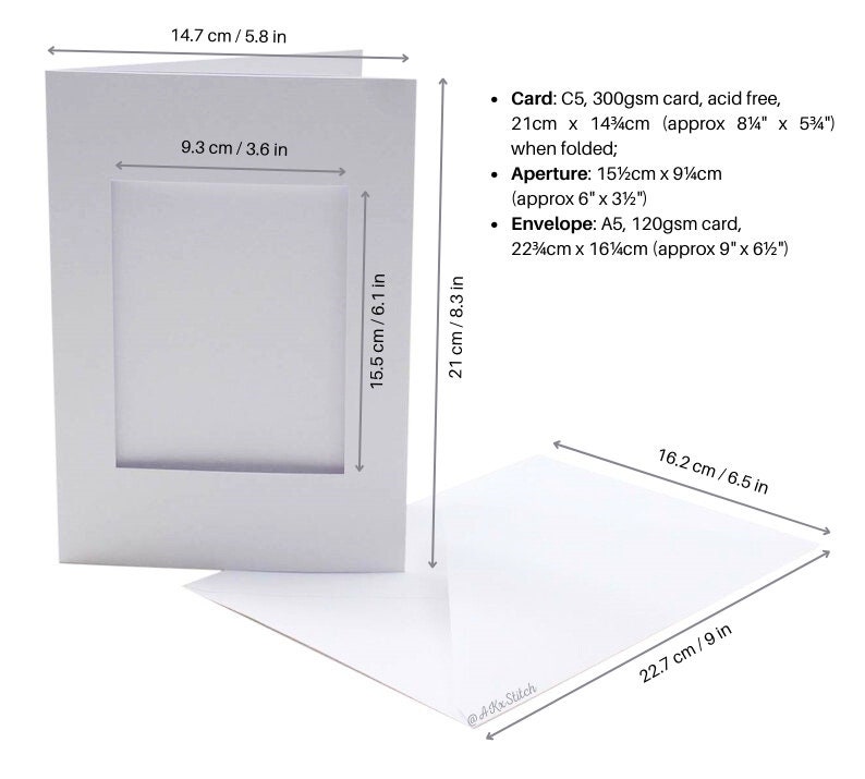 May include: A white card with a window opening for a photo, measuring 8.5 inches by 5.5 inches. The card is accompanied by a white envelope measuring 9 inches by 6.5 inches.