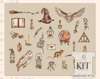 Magic Wizard Sampler Cross Stitch KIT PDF Chart, Easy Primitive Embroidery Pattern of Owl Witch Hat Broom Rat Snake Book, Movie Geek Fan