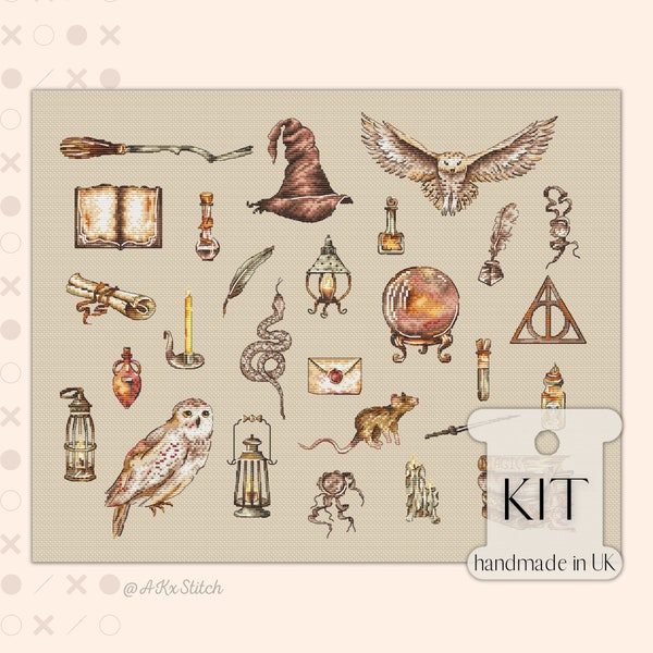 Magic Wizard Sampler Cross Stitch KIT PDF Chart, Easy Primitive Embroidery Pattern of Owl Witch Hat Broom Rat Snake Book, Movie Geek Fan